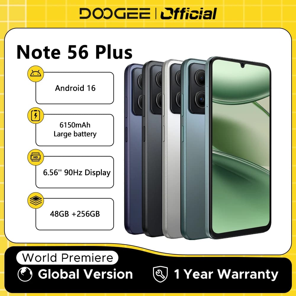 هاتف DOOGEE Note56 Plus الذكي، إصدار عالمي، نظام أندرويد 16، ذاكرة رام 48 جيجابايت، ذاكرة داخلية 256 جيجابايت، بطارية كبيرة 6150 مللي أمبير، شاشة 6.56 بوصة بمعدل تحديث 90 هرتز، كاميرا 50 ميجابكسل، يدعم NFC