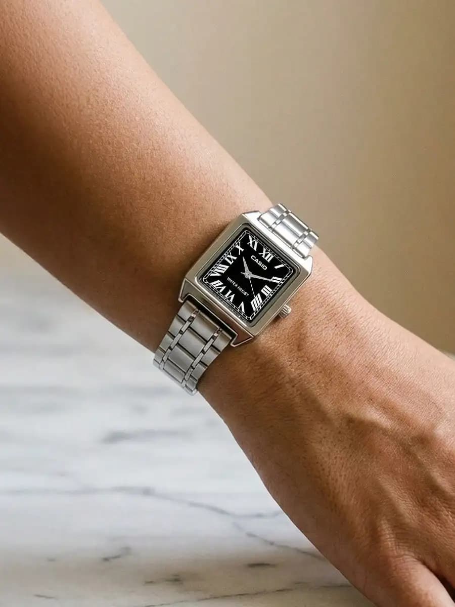CASIO Women's Elegant Square Watch Stainless Steel Band Black Dial Roman Numeral Markers Business Casual Timeless for Daily Gift - 3