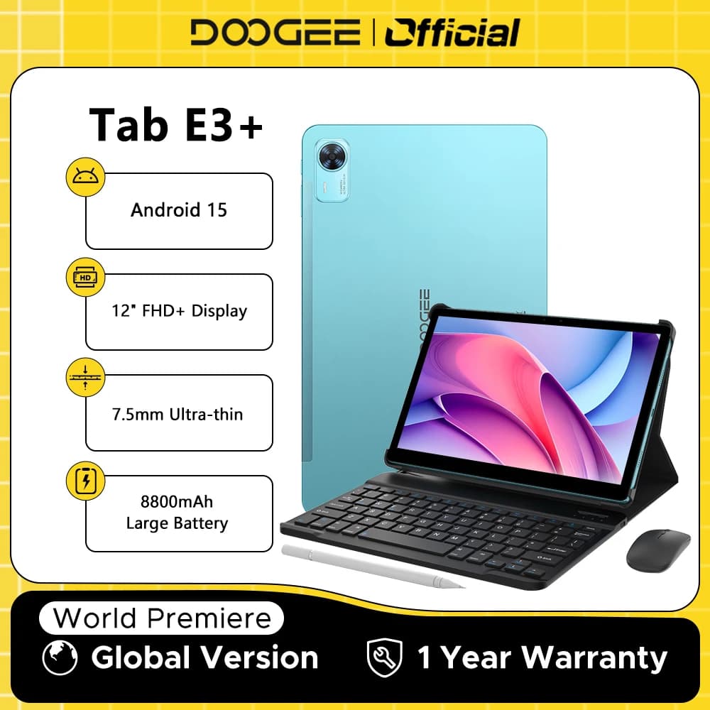 جهاز لوحي DOOGEE Tab E3+ كمبيوتر لوحي جيميني AI شاشة 12 بوصة FHD+ سعة 32 جيجابايت (8+24) 256 جيجابايت بطارية كبيرة 8800 مللي أمبير معالج Helio G100 مكبرات صوت مزدوجة نظام أندرويد 15