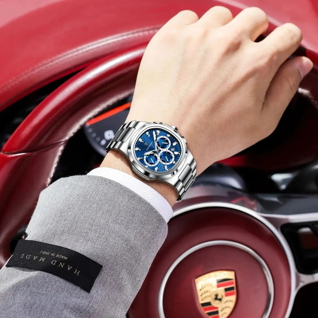 ساعة يد POEDAGAR للرجال الأعمال بتاريخ كرونوغراف مقاومة للماء مضيئة فاخرة من الفولاذ المقاوم للصدأ كوارتز ساعات رجالية - 4