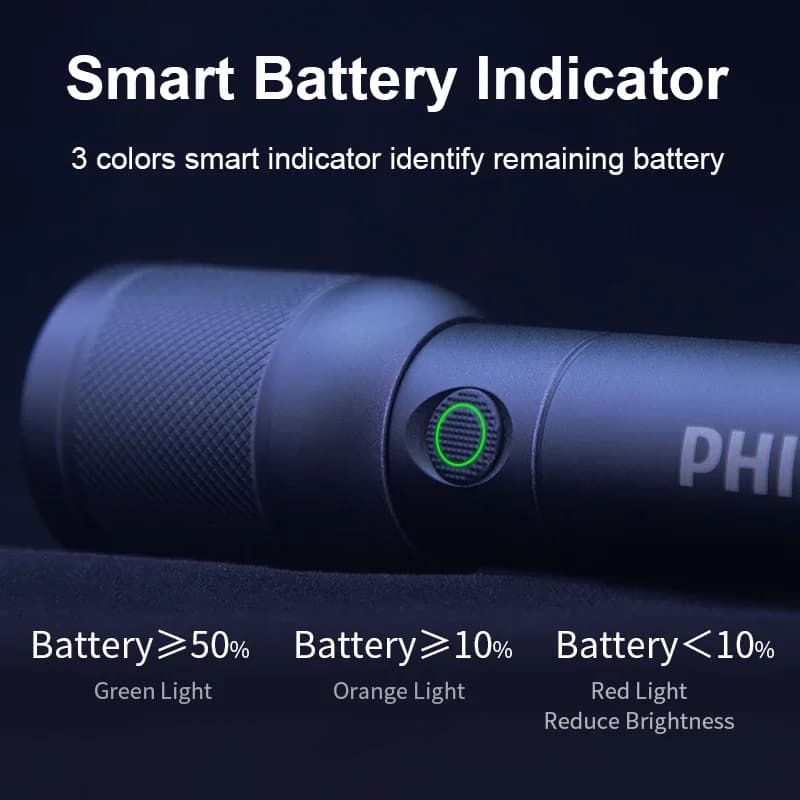 كشاف Philips SFL6168 مع تكبير وشحن USB وبطارية 18650، كشافات محمولة، مصباح قابل لإعادة الشحن للدفاع عن النفس والتخييم - 5