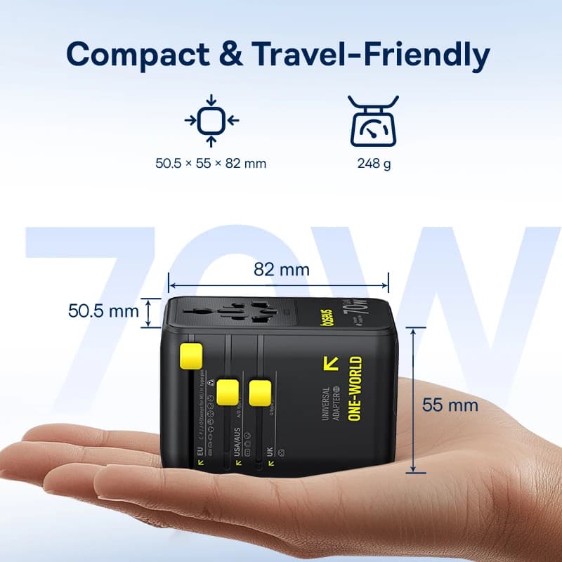 Baseus GaN Charger Universal Travel Adapter Built in 70W Retractable Cable 2AC 2 USB-A Type-C Fast Charging EU/UK/USA/AUS - 6