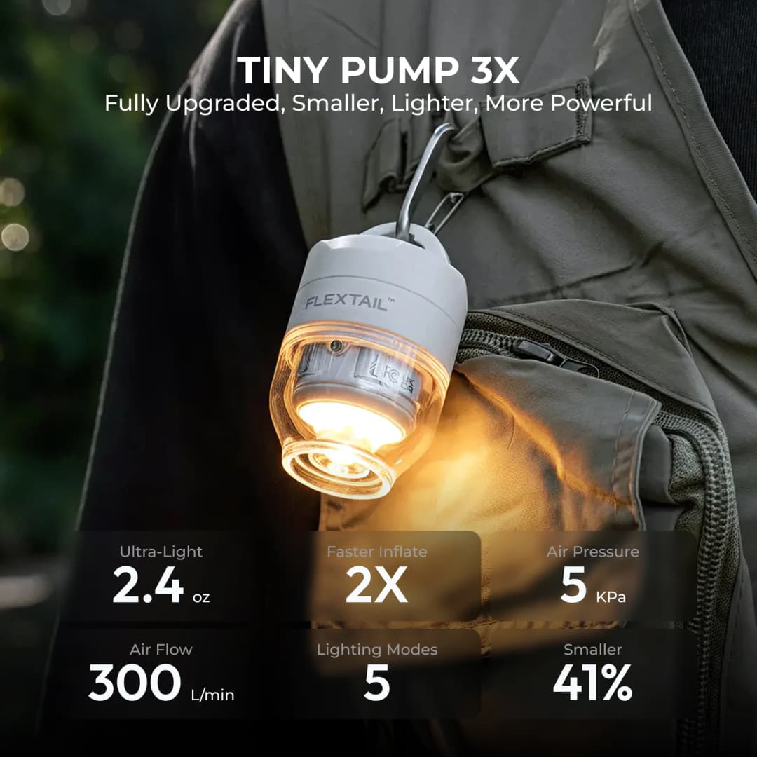FLEXTAIL TINY PUMP 3X - 5kPa Ultra-Light Portable Air Pump, 5-Mode Camping Light, Multi-Use for Camping, Travel & Water Sports