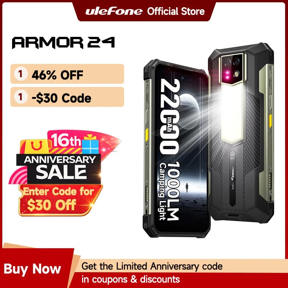 هاتف Ulefone Armor 24 المتين بطارية 22000 مللي أمبير، حتى 24 جيجابايت + 256 جيجابايت، شاشة 6.78 بوصة 120 هرتز، كاميرا 64 ميجابكسل + 64 ميجابكسل، NFC، إضاءة LED، إصدار عالمي