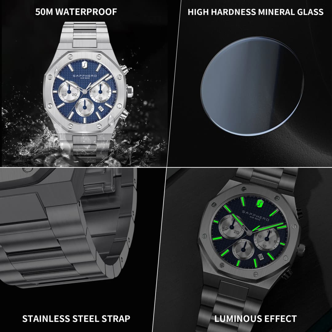 ساعة SAPPHERO رجالية مقاومة للماء مع كرونوغراف وتاريخ وعقارب متوهجة، ساعة عمل من الفولاذ المقاوم للصدأ هدية للرجال - 4