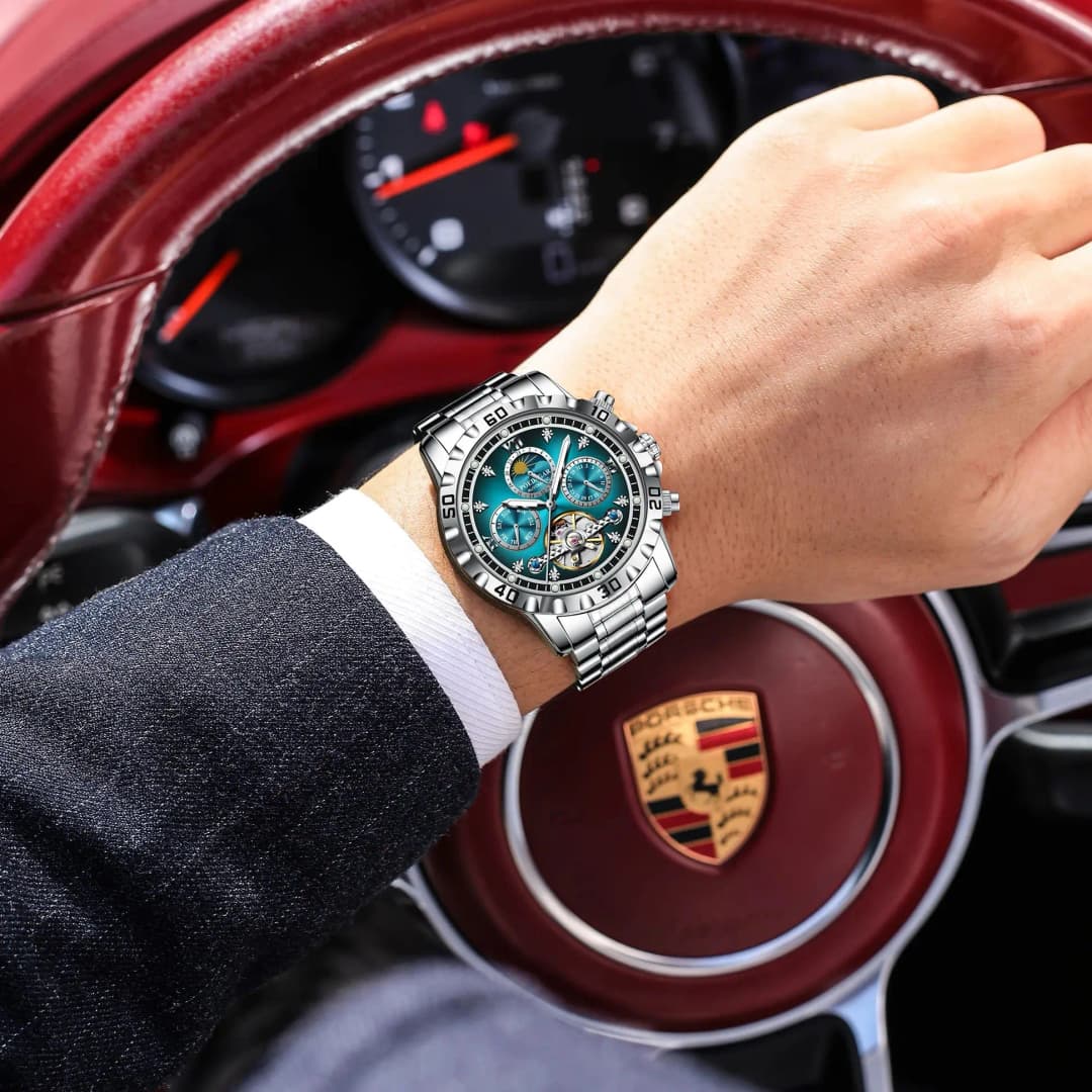 POEDAGAR Military Luxury Men Clock Mechanical Waterproof Man Watch Hollow Tourbillon Automatic Stainless Steel Men's Watches+Box - 5
