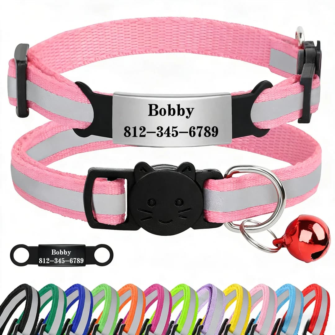 Customized Cat Collar Reflective Cat Collar Free Engraved Puppy Kitten Pet ID Nameplate Necklace With Bell Anti-lost For Cats - 2