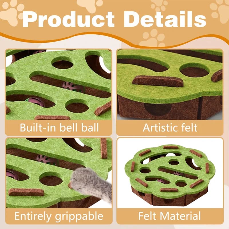 صندوق ألغاز غني بخدوش القطط، لعبة قطط مع 3 كرات تتبع، صندوق متاهة من اللباد لألغاز الخدش والصيد الداخلي للقطط (أخضر) - 5