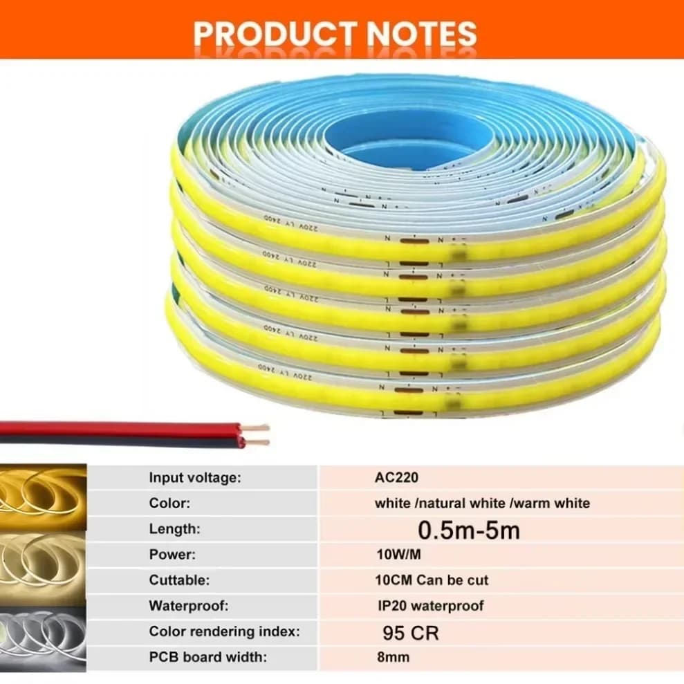 شريط إضاءة LED COB مرن، 220V، IC ذكي، لا يحتاج إلى محول، سطوع عالي، 240 LED، إضاءة خطية، لون أبيض دافئ RA95، طول 1-5 متر - 6