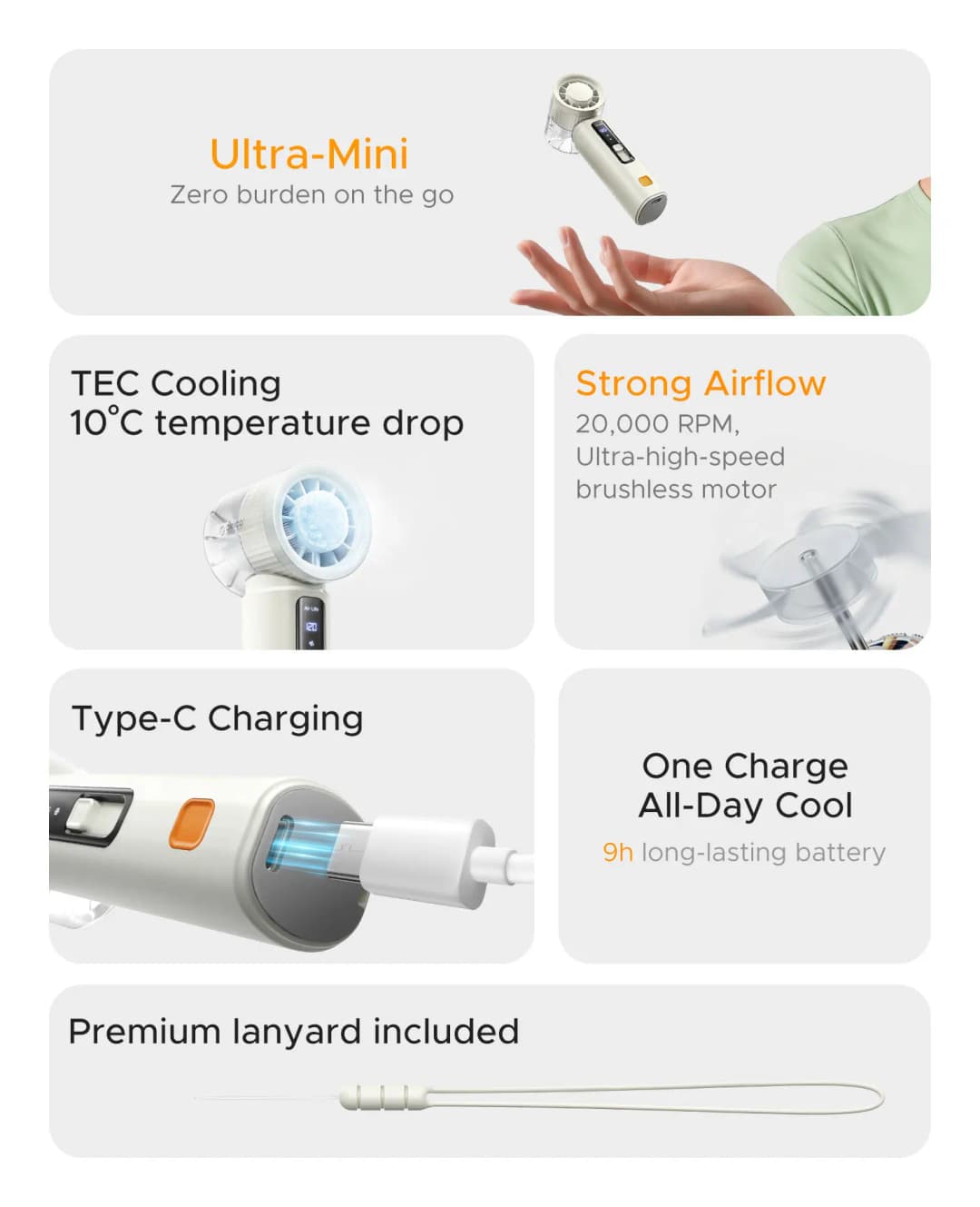ORICO Portable High Speed Cooling Handheld Fan 3000mAh Rechargeable 120 Wind Speeds Adjustable Mini Foldable Air TEC Cooling - 2