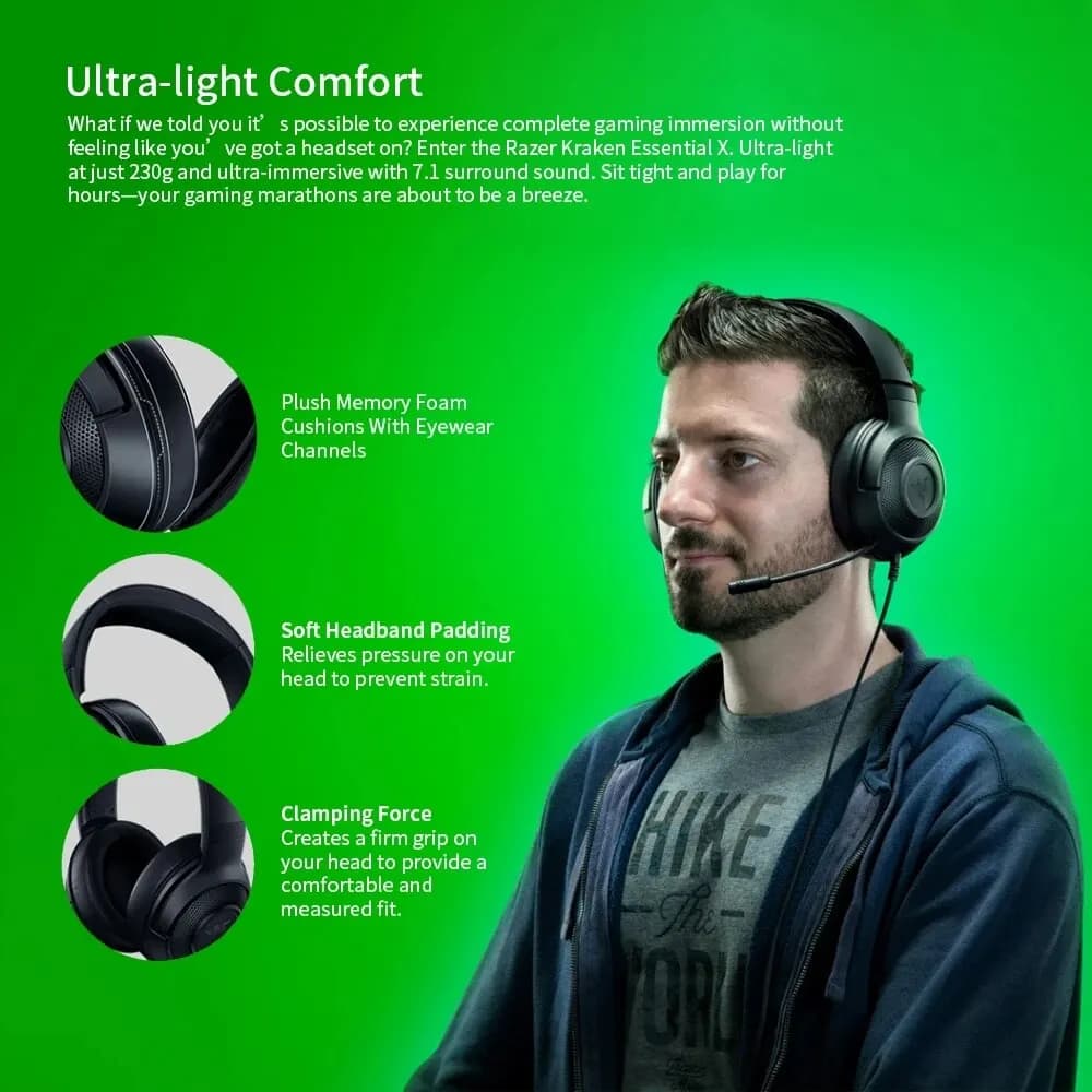 Razer Kraken X Essential Gaming Headset 7.1 Surround Sound Headphone Bendable Cardioid Microphone 40mm Driver Unit Headphones - 6