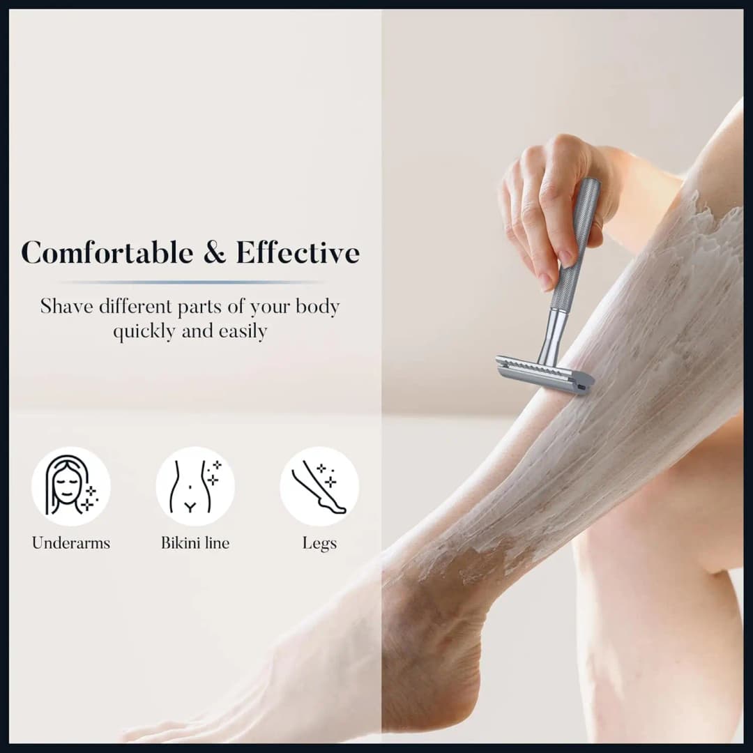شفرة حلاقة آمنة ذات حدين للرجال والنساء، شفرة معدنية مع 10 شفرات حلاقة آمنة مطلية بالبلاتين، شفرة صديقة للبيئة - 5