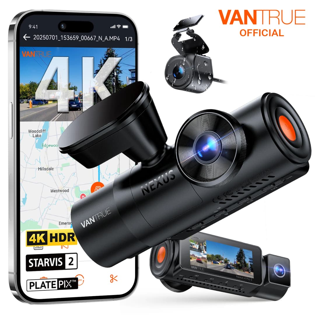 كاميرا Vantrue N4 Pro S بثلاث قنوات STARVIS 2 HDR رؤية ليلية بالأشعة تحت الحمراء 4K+1080P+2.5K كاميرا خلفية مقاومة للماء Wi-Fi GPS وضع انتظار 24 ساعة