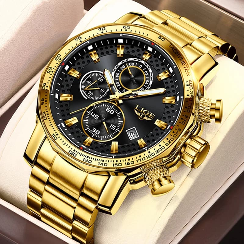 ساعات كوارتز ذهبية جديدة من LIGE للرجال، ساعة رياضية عسكرية مقاومة للماء، ساعة كبيرة المينا، ساعة كرونوغراف عصرية للأعمال، مونت هوم