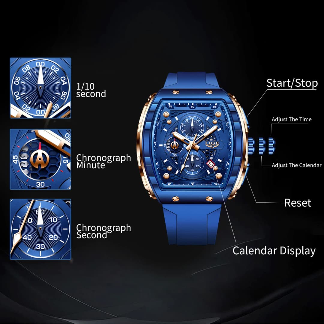 LIGE Men Watches Top Brand Luxury Square Silicone Watch For Men Fashion Military Quartz Waterproof Chronograph Relogio Masculino - 4