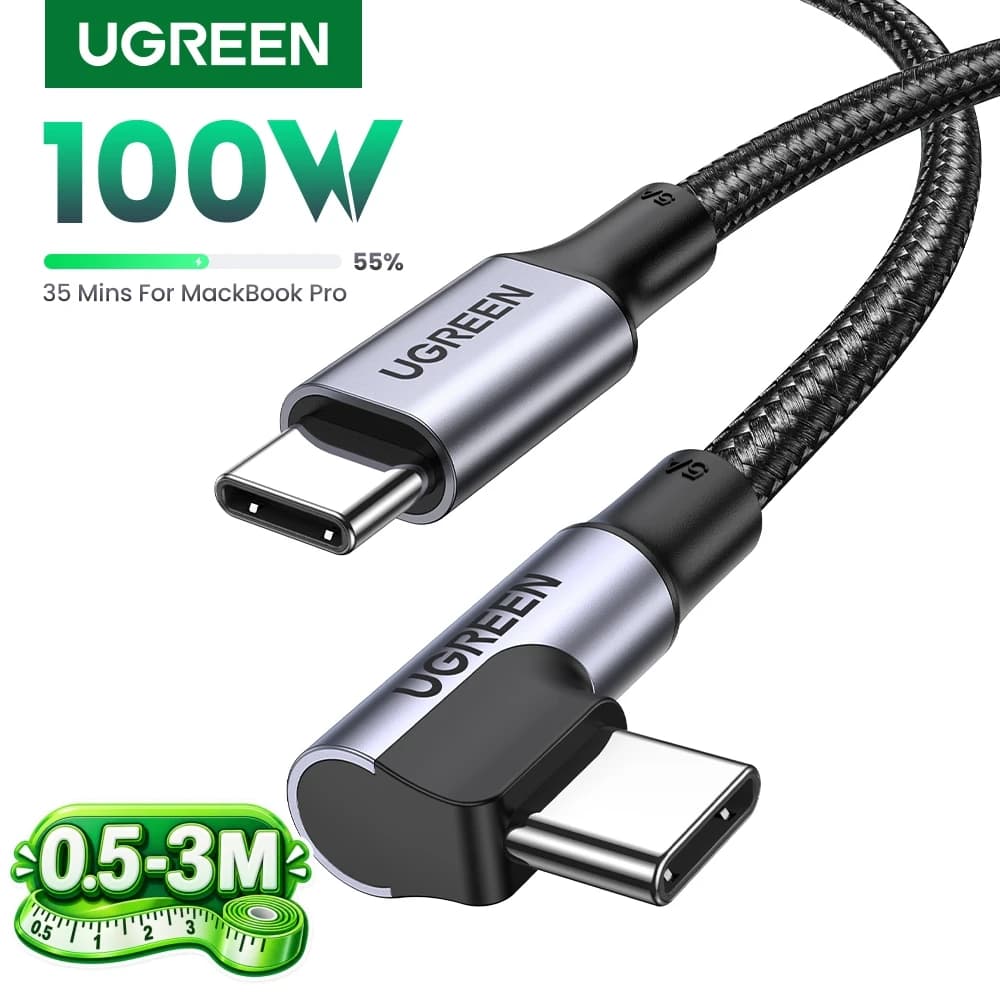 UGREEN 90 Degree Right Angle USB-C Cable PD100W/60W Type-C Gaming Charging Cable 5A/3A for iPhone 17/16 Samsung S26/25/24 0.5-3M
