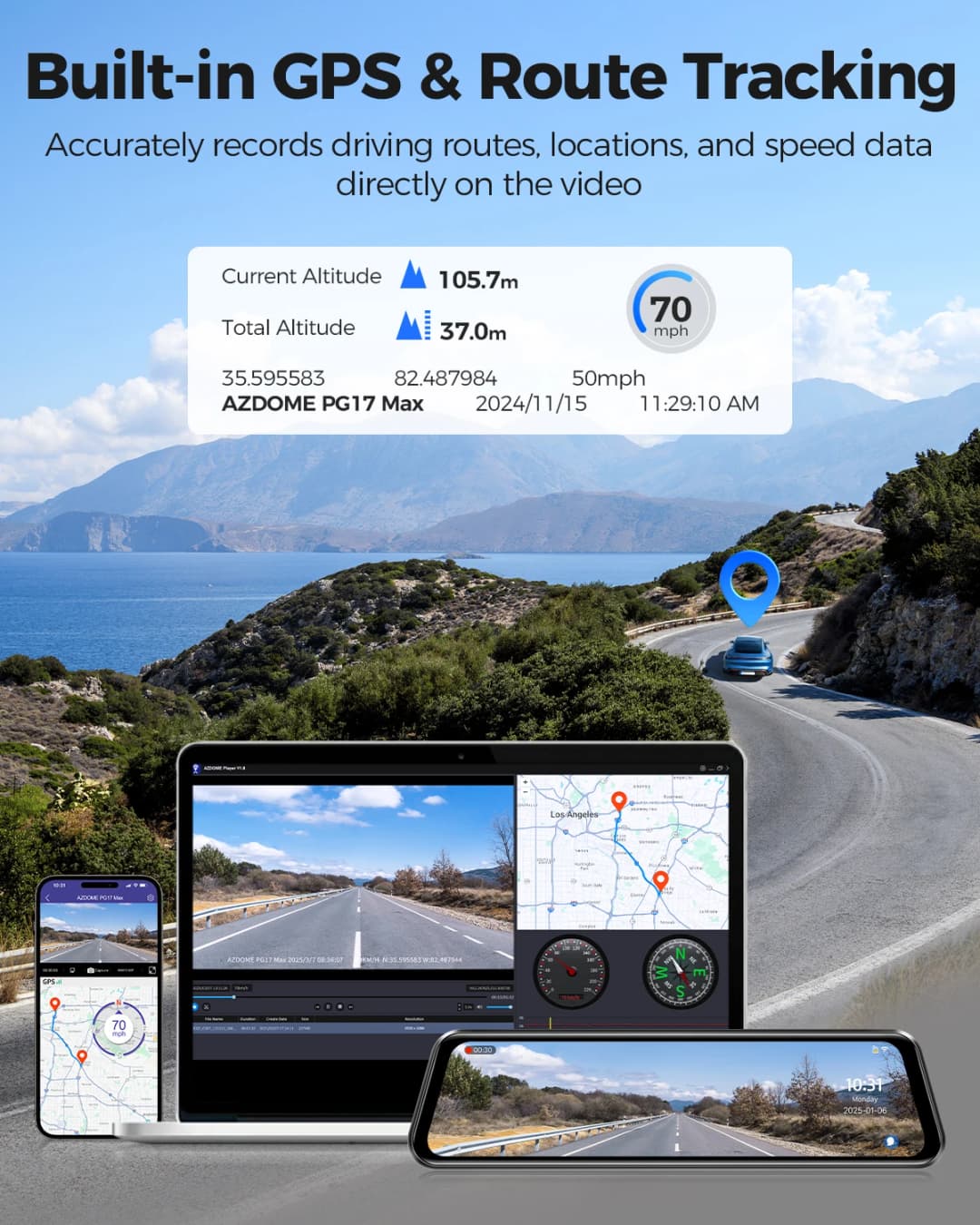 AZDOME PG17 MAX Front and Rear Dash Cam 12 Inch Touch Screen Car DVR 4K+2.5K Rearview Mirror Camera GPS WIFI Voice Control ADAS - 6