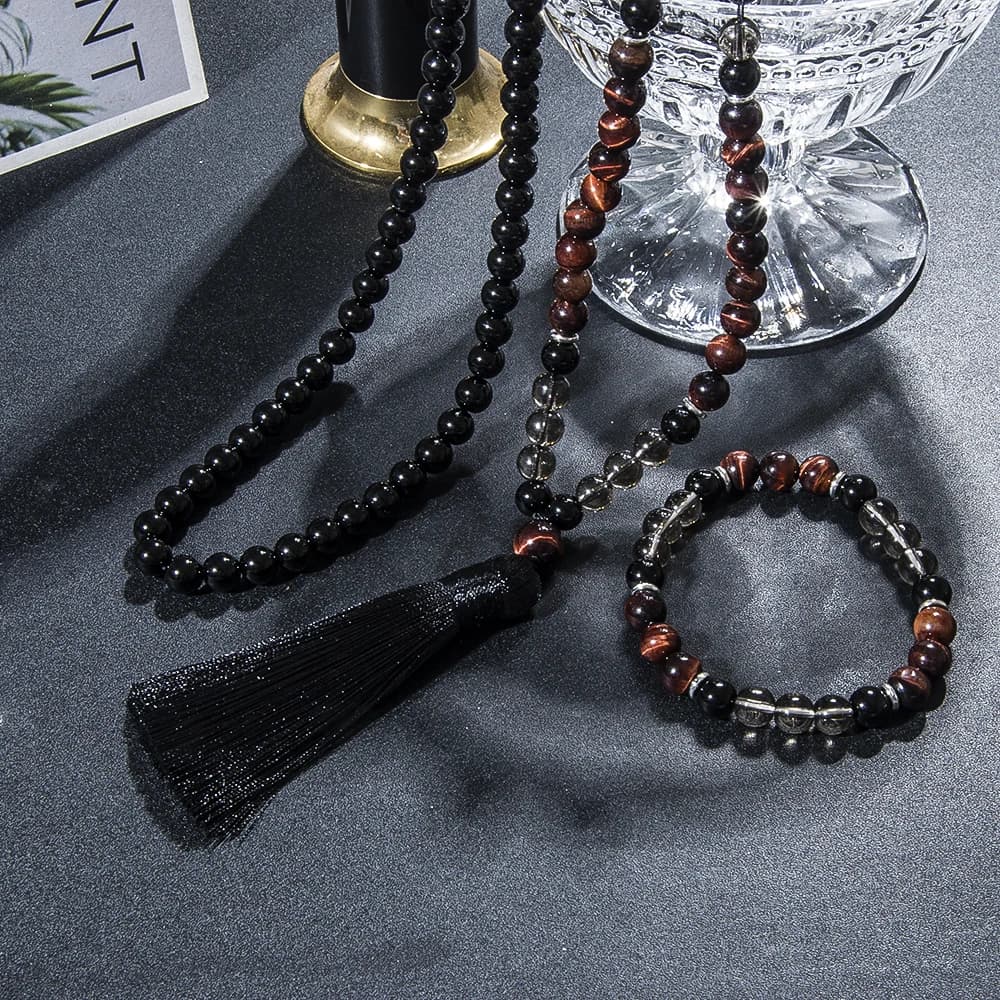 8mm Red Tiger Eye Black Onyx 108 Mala Beaded Necklace Yoga Prayer Meditation Rosary for Men and Women Japamala Jewelry Set - 5