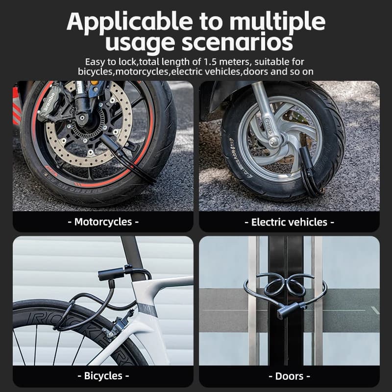 قفل دراجات محمول مضاد للسرقة من ROCKBROS، قفل كابل مع مفاتيح، سبائك زنك، قفل دراجات نارية وسكوتر ودراجات جبلية وطرق - 6
