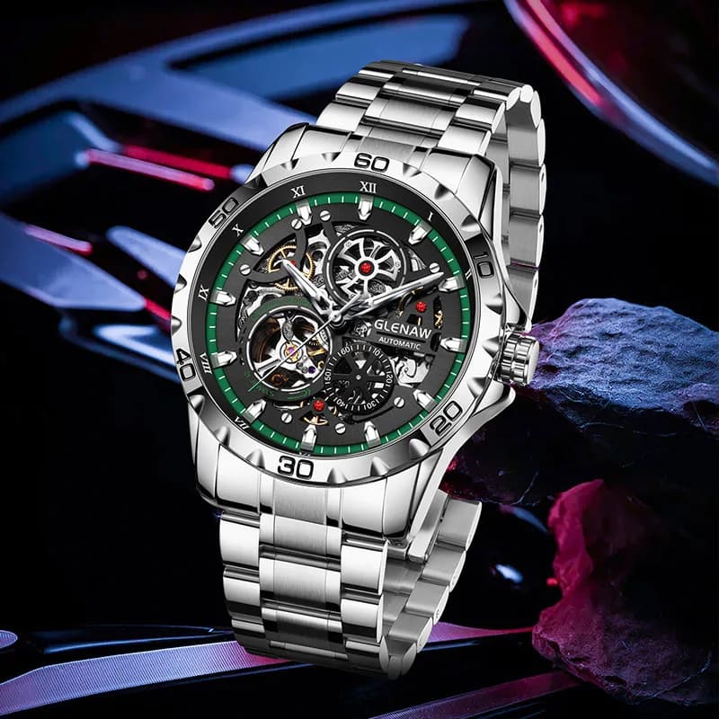 GLENAW Steampunk Skeleton Men's Watch Ring Luxury Automatic Mechanical Watches Luminous waterproof Stainless Steel Strap Watch - 4