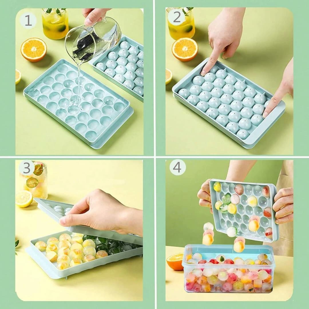 مجموعة قوالب مكعبات الثلج الدائرية، 3 قوالب، حاوية ثلج وملعقة، قوالب ثلج محسنة، قالب مكعبات ثلج دائري للمشروبات والويسكي والقهوة - 4