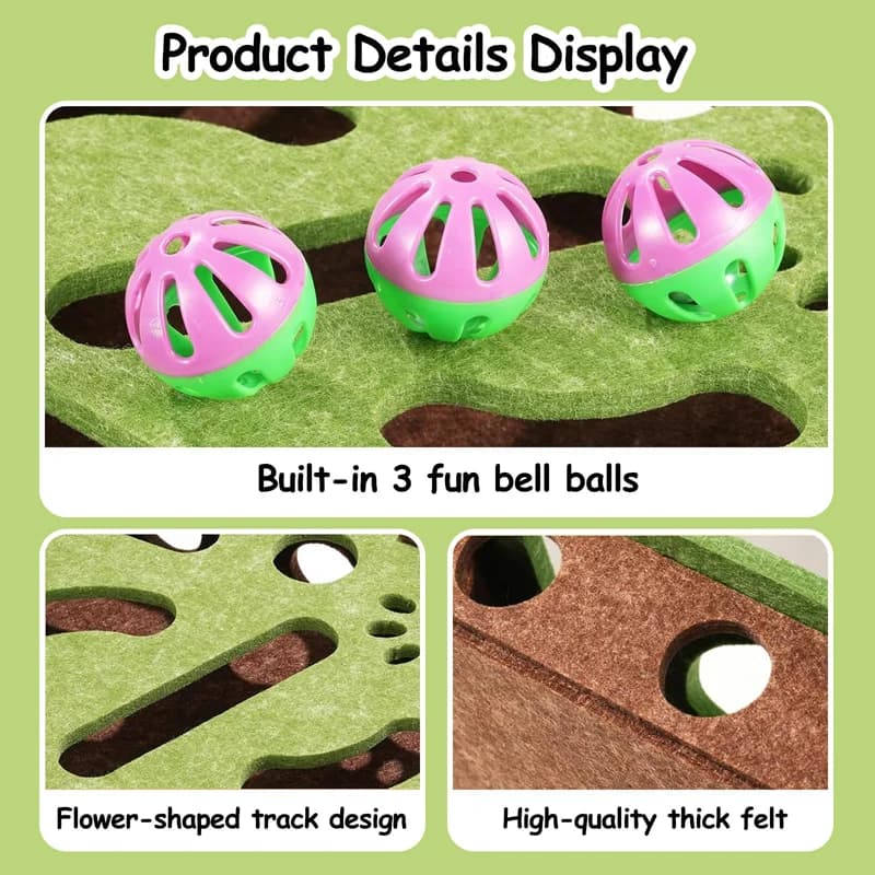 صندوق ألغاز غني بخدوش القطط، لعبة قطط مع 3 كرات تتبع، صندوق متاهة من اللباد لألغاز الخدش والصيد الداخلي للقطط (أخضر) - 6
