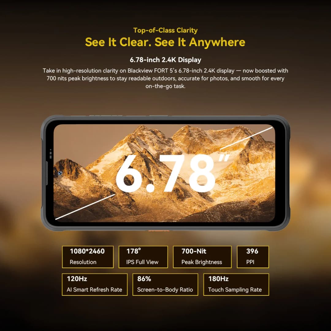 هاتف Blackview FORT 5 الذكي، شاشة 6.78 بوصة HD+ IPS، معالج MediaTek بذاكرة 12 جيجابايت + 256 جيجابايت، كاميرا 108 ميجابكسل، بطارية 5000 مللي أمبير، هاتف متين للاستخدام الخارجي - 3