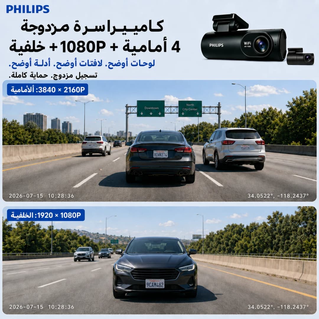كاميرا سيارة PHILIPS Dash Cam B02 بدقة 4K+1K HDR مزدوجة أمامية وخلفية واي فاي 2.4GHz و5GHz GPS مراقبة الوقوف 24 ساعة تحكم عبر التطبيق - 2