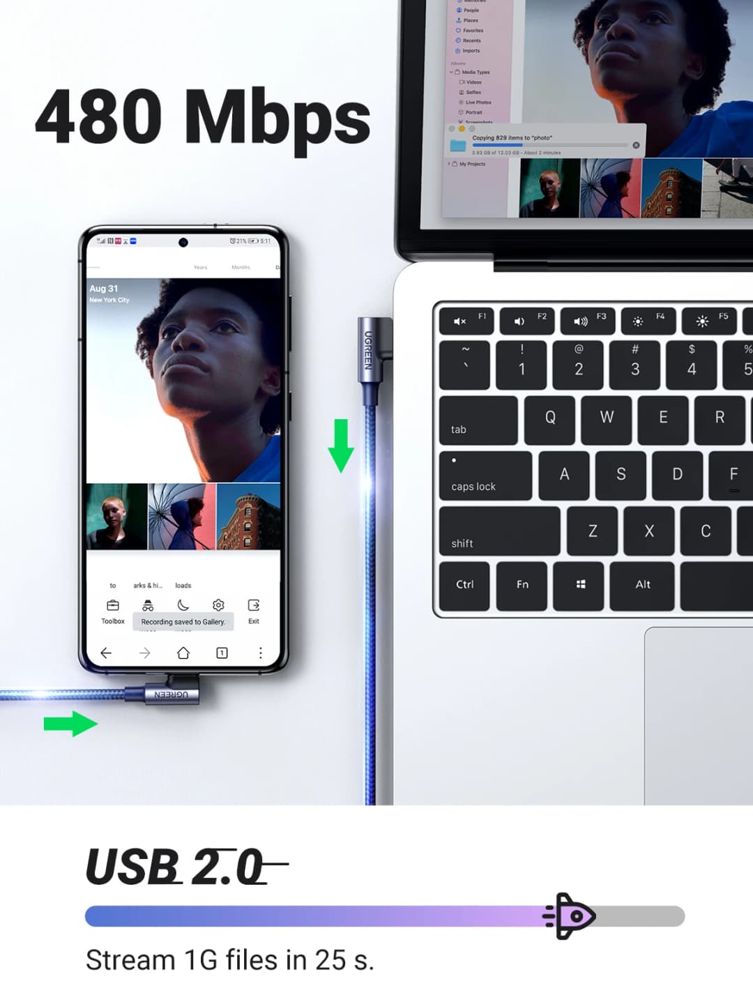 Ugreen النايلون USB C كابل 90 درجة شاحن سريع USB نوع C كابل ل شاومي Mi 8 سامسونج غالاكسي S9 زائد الهاتف المحمول USB-C الحبل - 3