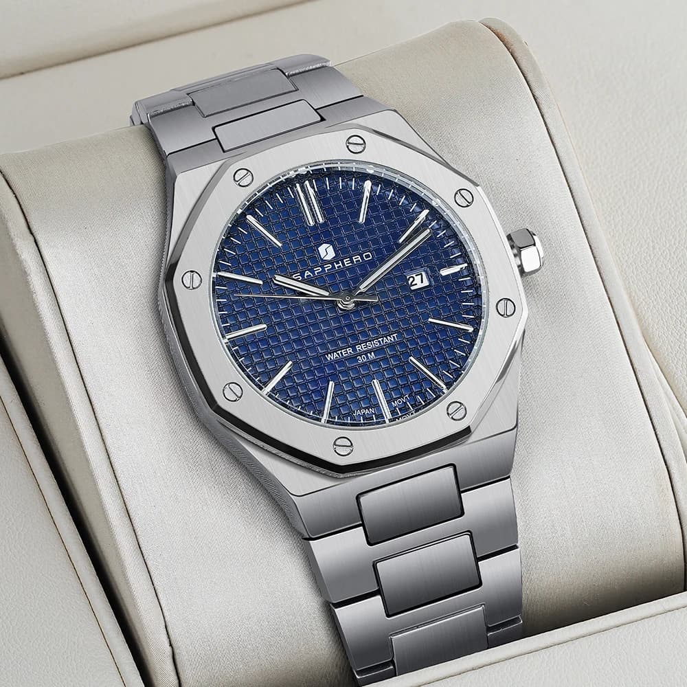 سافيرو ساعة رجالية، حزام من الفولاذ المقاوم للصدأ، تصميم مقاوم للماء، تقويم تلقائي، هدايا احتفالية، ساعة في علبة هدايا فاخرة