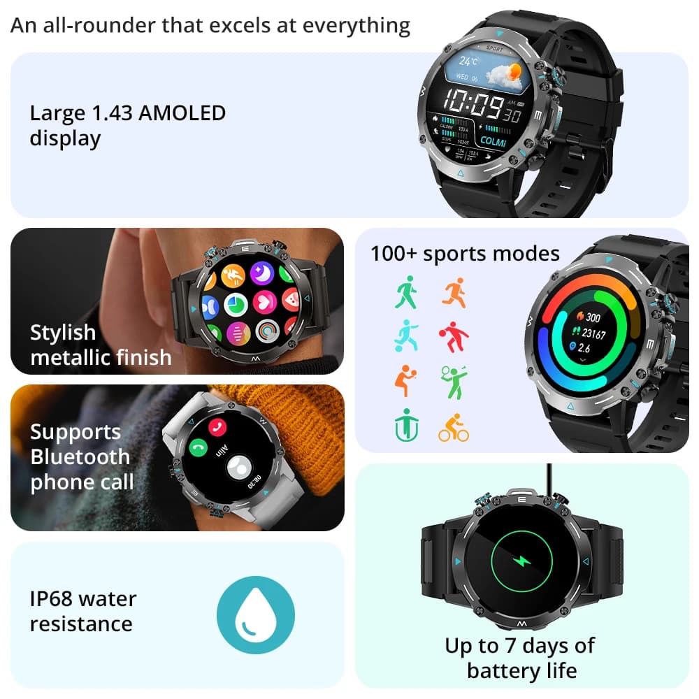 ساعة كولمي M42 الذكية بشاشة AMOLED 1.43 بوصة و100 وضع رياضي ومكالمات صوتية للرجال والنساء بمتانة عسكرية - 2