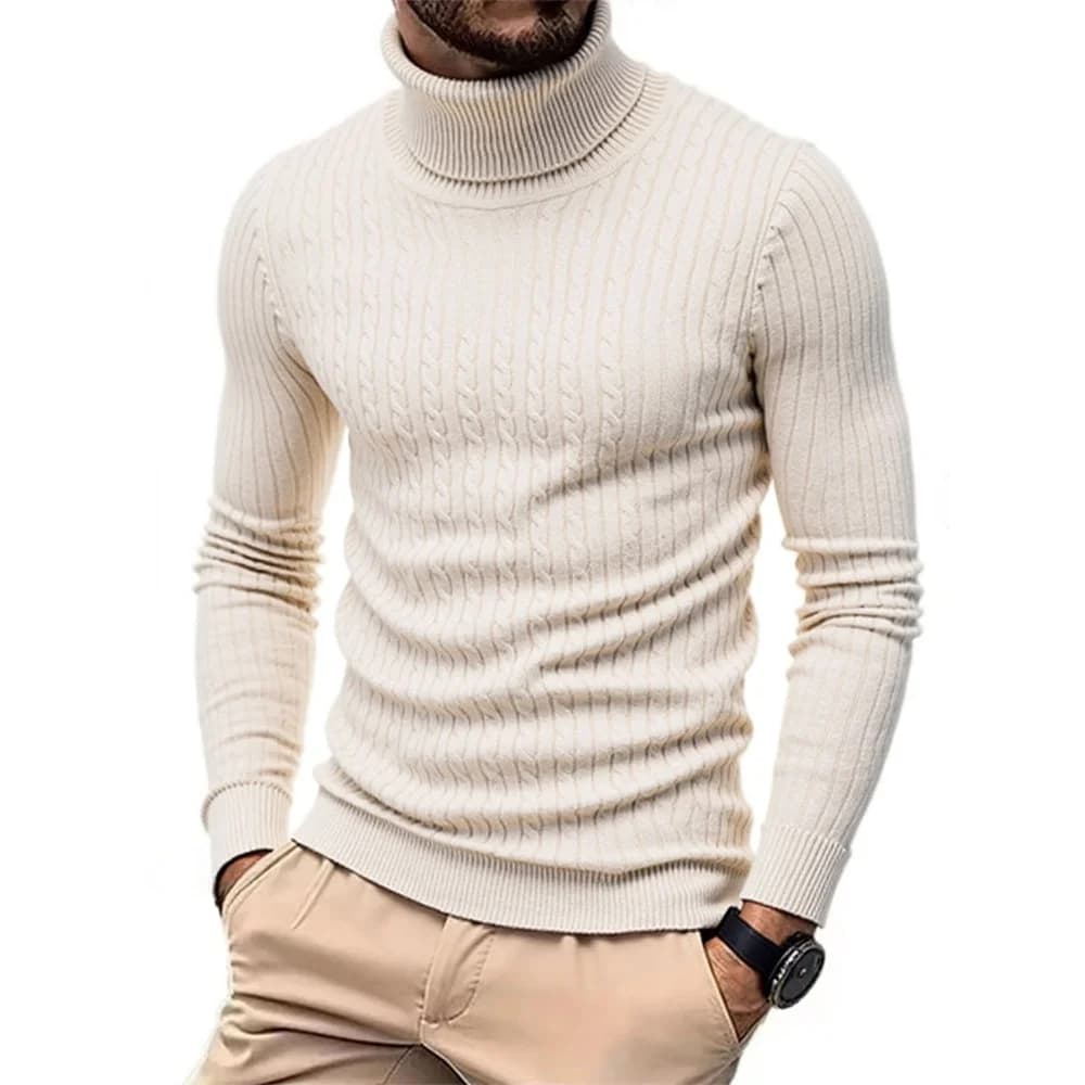 Autumn Winter Men's Turtleneck Sweater Warm Slim Fit Knitted Pullover Jacquard Striped Cozy Soft Knitwear Basic Style - 4