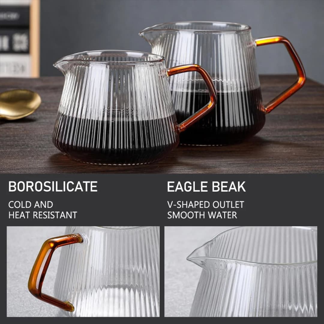Glass Coffee Server - 400ml/600ml, Vertical Striped Coffee Pot For Pour Over Coffee & Tea, Microwave Safe & Heatproof Glass Body - 3