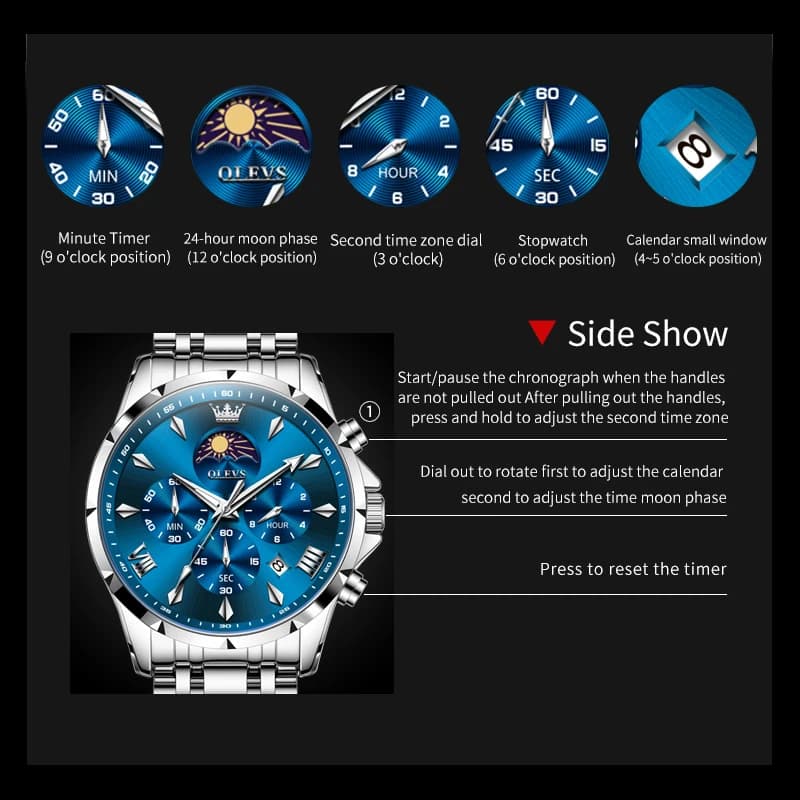 OLEVS 3653 Mens Watch Quartz Watch Multifunctional Chronograph Watch For Men 30M Waterproof Luminous Moon Phase Box Original - 5
