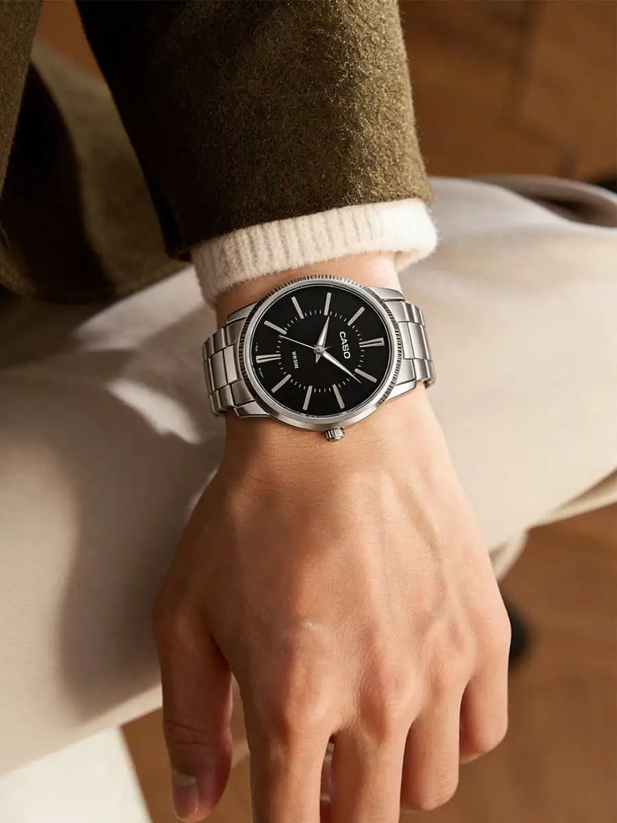 CASIO Men's Minimalist Analog Watch Stainless Steel Band Black Dial Quartz Watch Business Casual Timeless for Office Daily Gift - 4