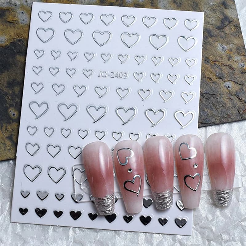 مرآة معدنية فضية ثلاثية الأبعاد مسمار ملصقا ثلاثية الأبعاد قلوب الحب شريط خطوط الشريط المتزلجون ذاتية اللصق الشارات مسمار الفن مانيكير الزينة