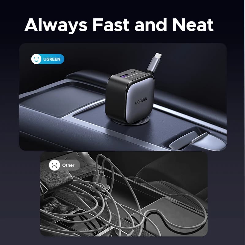 شاحن سيارة UGREEN 145 واط 90 واط 60 واط 3 منافذ USB-C ومنفذ USB-A PD QC4.0 شحن سريع مع كابل قابل للسحب لهاتف iPhone 17 Pro MacBook - 4