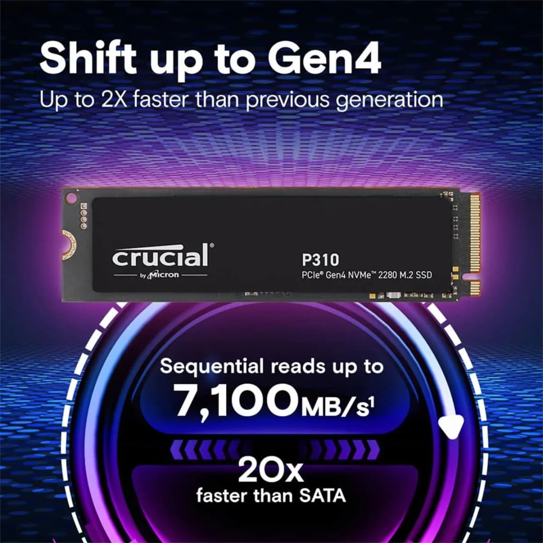 محرك أقراص صلبة داخلي P310 من Crucial، 1TB، 2280، PCIe Gen4، 3D NAND، NVMe، M.2، SSD، حتى 7,100 MB/s، ترقية إلى Gen4 SSD - 3