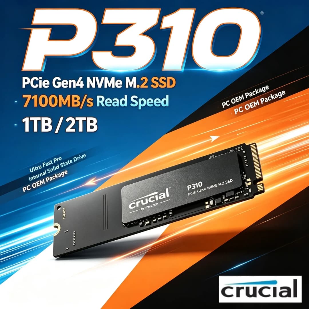 وحدة ماكس برو P310 Crucial بسعة 1 تيرا بايت و2 تيرا بايت من نوع M.2 2280 PCIe Gen4 NVMe بسرعة تصل إلى 7100 ميجا بايت/ثانية، قرص صلب داخلي بحزمة OEM للكمبيوتر الشخصي