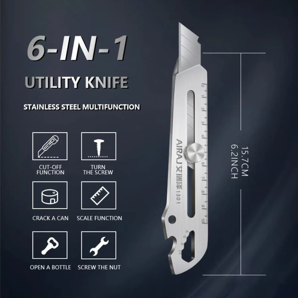 Multifunctional Utility Knife 6 in 1 Stainless Steel Stationery All Purpose Cutter Bottle Tin Opener Waterproof Screw Ruler Tool - 3