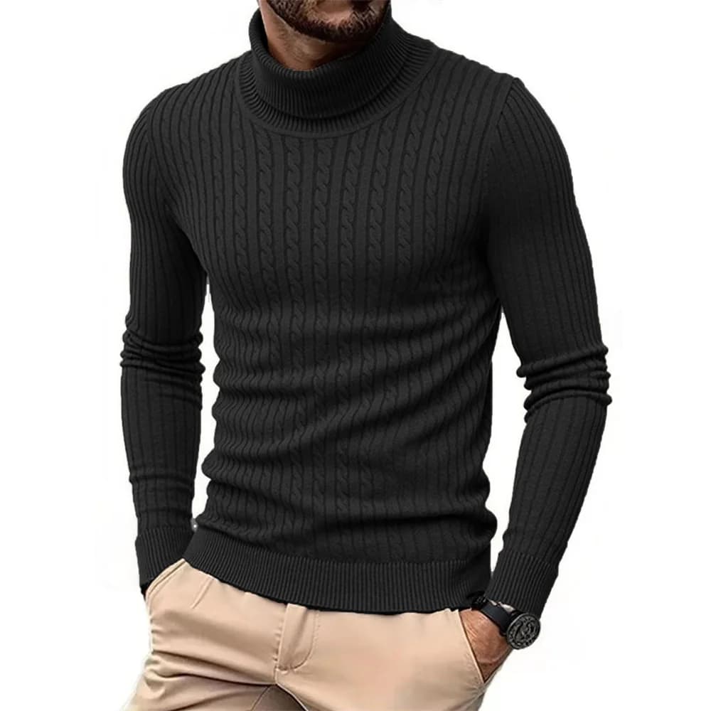 Autumn Winter Men's Turtleneck Sweater Warm Slim Fit Knitted Pullover Jacquard Striped Cozy Soft Knitwear Basic Style - 2