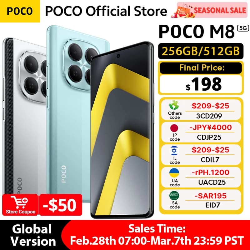 POCO M8 5G Global Version Smartphone 256GB 512GB Snapdragon® 6 Gen 3 NFC 6.77" 120Hz Display 50MP Main Camera 45W Charging