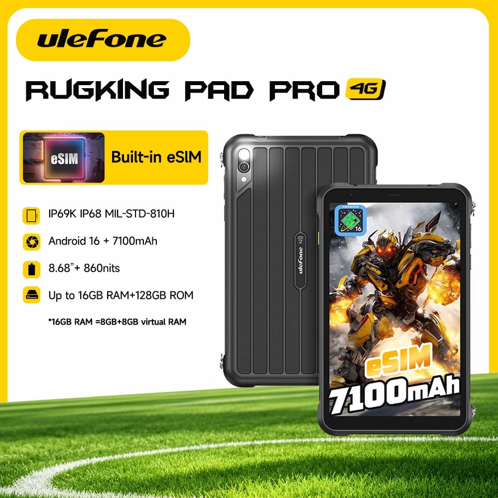 جهاز Ulefone RugKing Pad Pro اللوحي المتين 4G بشاشة 8.68 بوصة و90 هرتز وبطارية 7100 مللي أمبير بنظام أندرويد 16 وذاكرة تصل إلى 16 جيجابايت وسعة تخزين 128 جيجابايت، نسخة عالمية