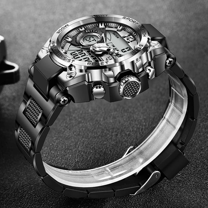LIGE Men Sport Watch 50M Waterproof Dual Display Analog Digital Watch LED Backlight Chronograph Quartz Wristwatch Gift Box Set - 2