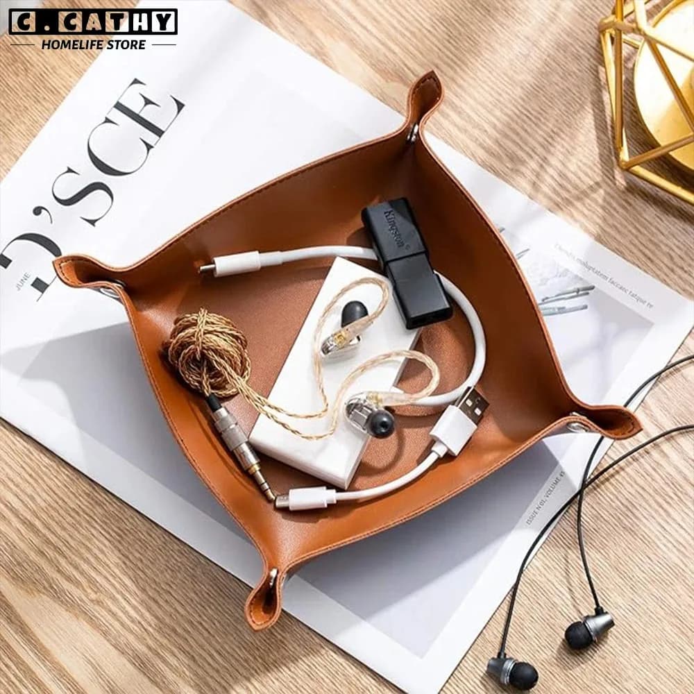 1PC 25X25CM Leather Tray Foldable Table Storage Box Jewelry Key Coin Desk Top Organizer Entryway Nightstand Home  Decoration
