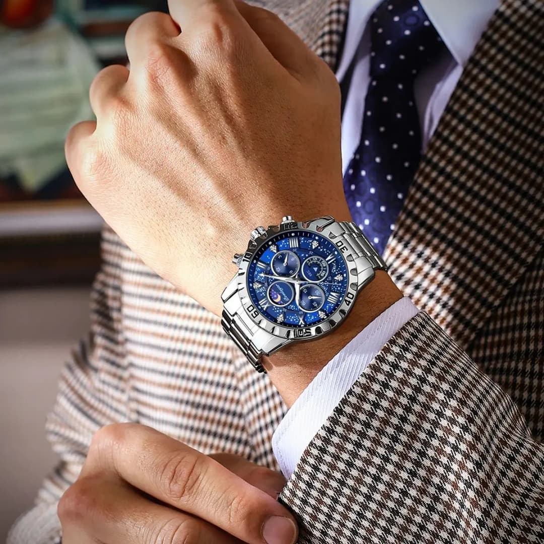 ساعة POEDAGAR فاخرة للرجال كوارتز رياضية مقاومة للماء مضيئة من الفولاذ المقاوم للصدأ كرونوغراف ساعات رجالية ريلوج - 6