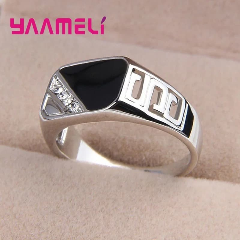 Classic Male Mens Wide Band Ring Unique 925 Sterling Silver Plated White Black Rhinestone Square Statement Hip Hop Jewelry - 2