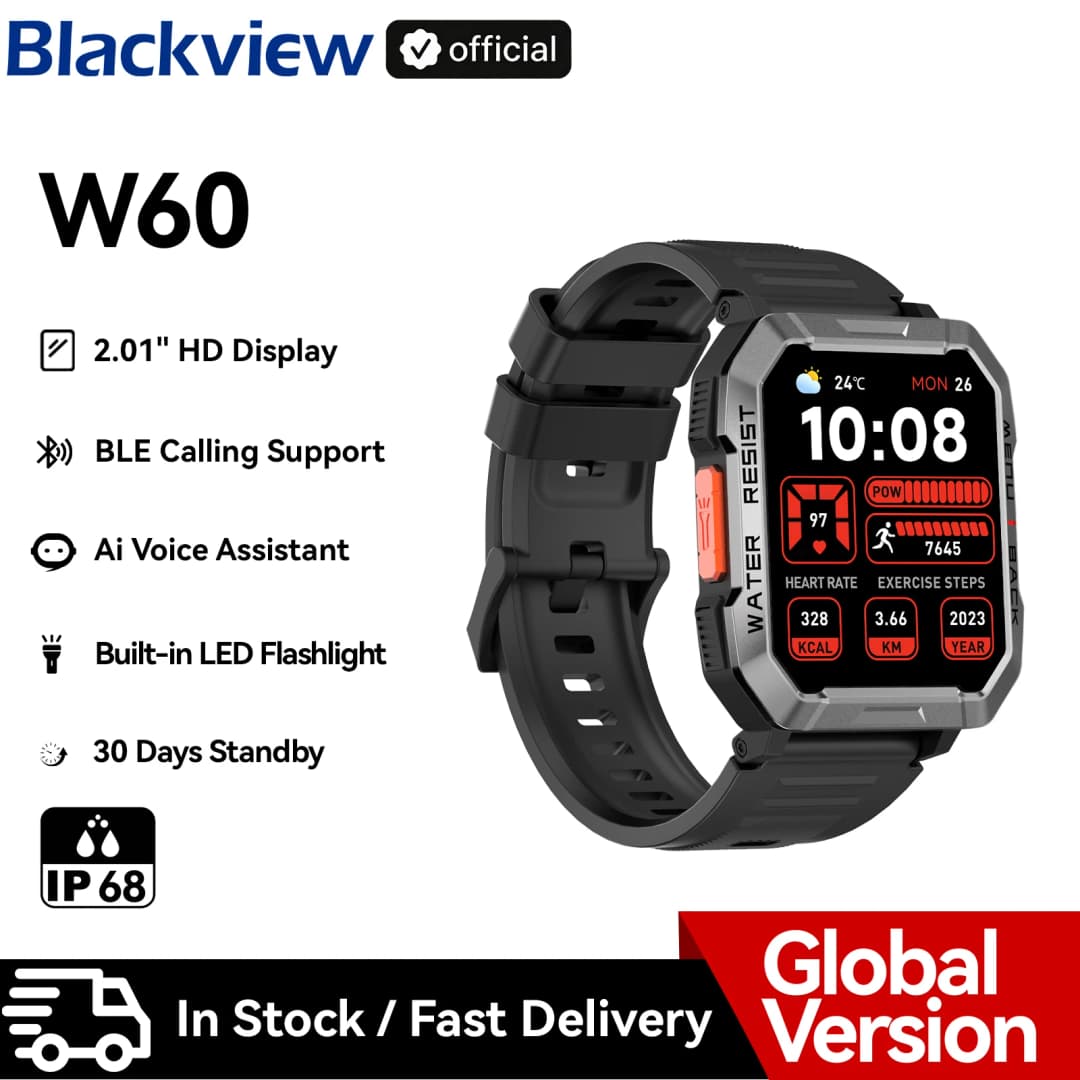 ساعة بلاك فيو الذكية الجديدة W60 2024 بشاشة 2.01 بوصة HD TFT، ساعة ذكية متينة للاستخدام الخارجي مع إضاءة طوارئ ومكالمات بلوتوث