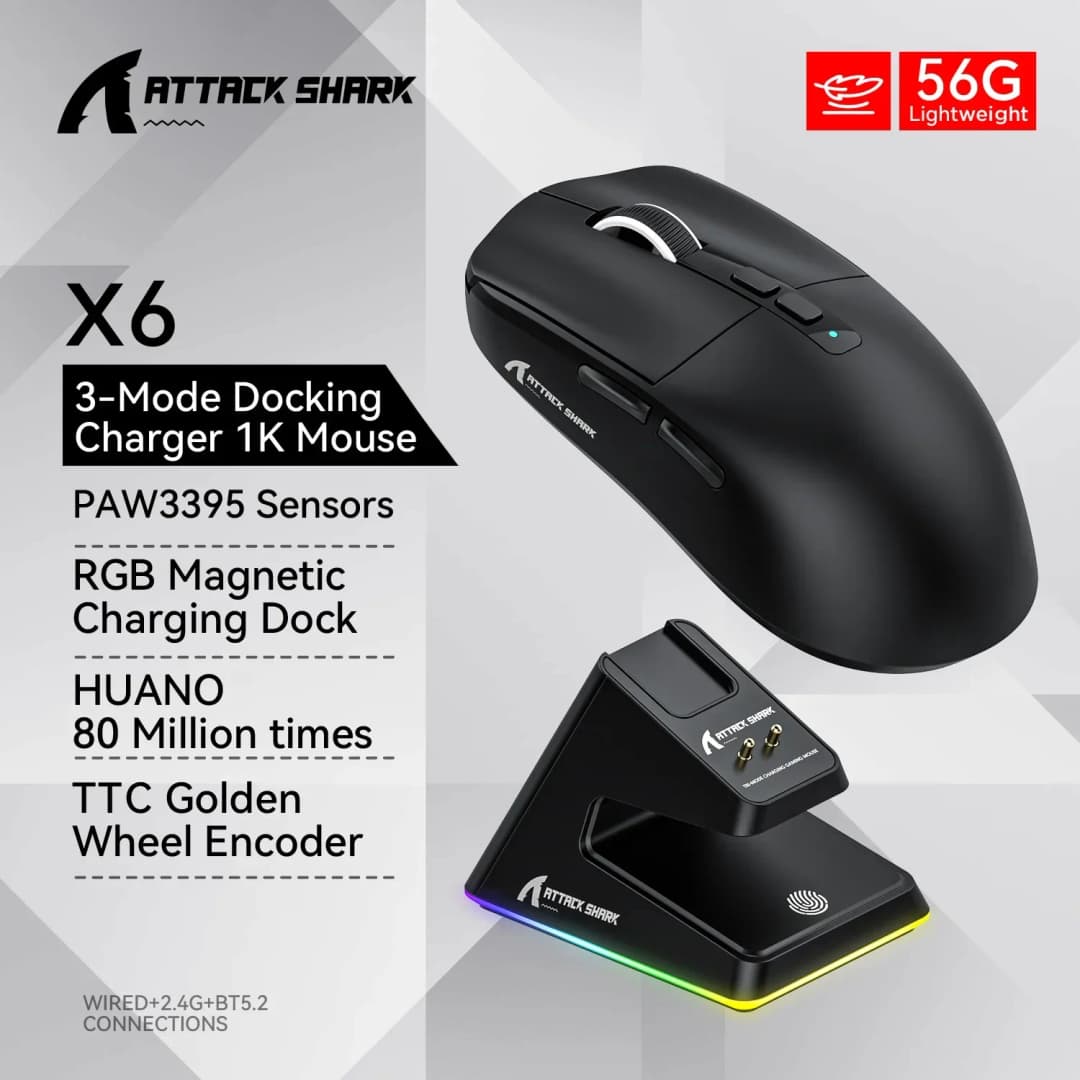 ATTACK SHARK X6 Tri-Mode Wireless Gaming Mouse, 55g Lightweight, PAW3395 Sensor, 26000 DPI,RGB Charging Dock,1000Hz Polling Rate - 4