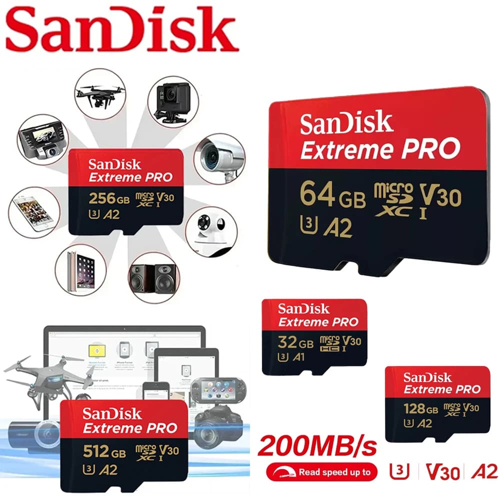 Sandisk A2 U3 V30 C10 High-Speed ​​Micro SD/TF Card, 100MB/s high-speed memory card, capacities 32GB, 64GB, 128GB